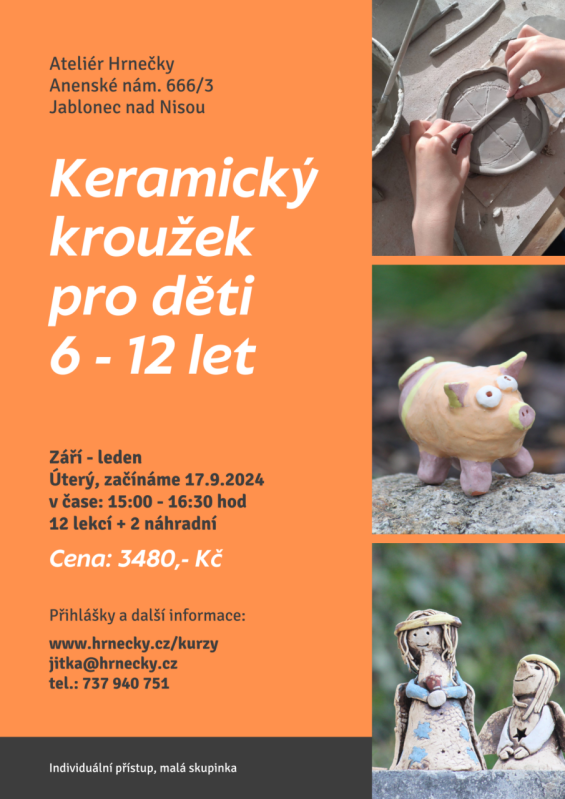 Keramika pro děti 6 - 12 let - půlroční kroužek, úterý  15:00 - 16:30 hod